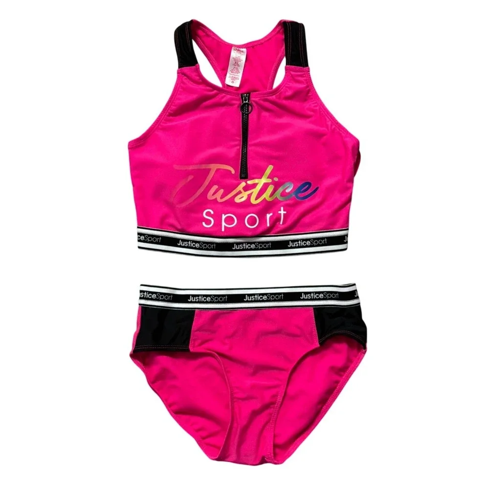 Justice Sport Girls‎ Pink Bikini Set Zip Front Swimsuit XL 16/18 New